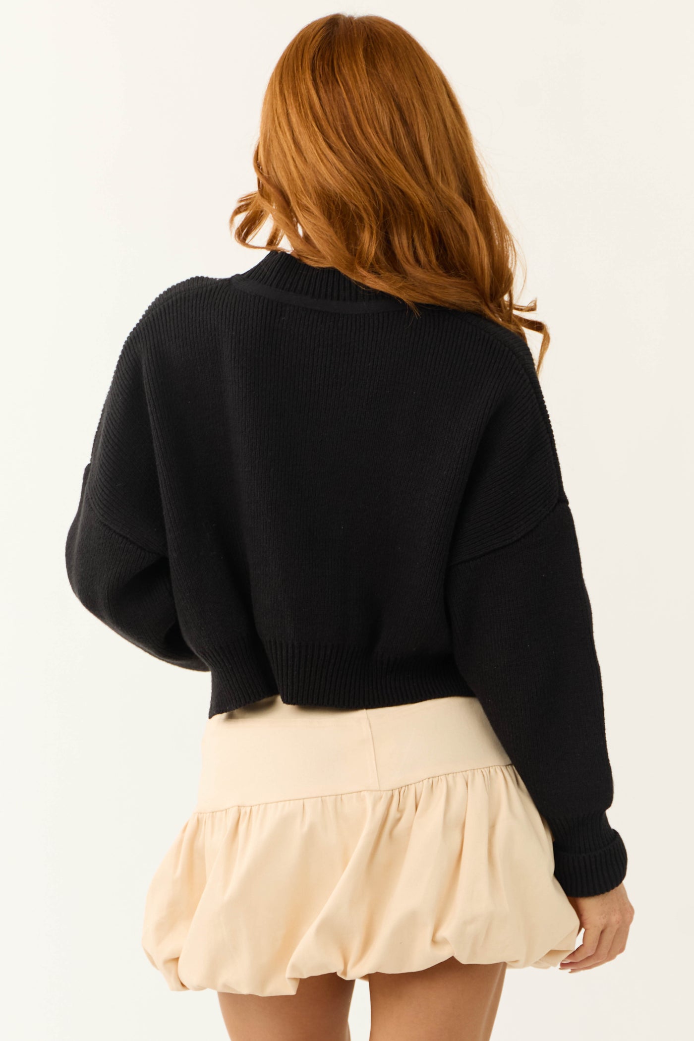 Black Cropped Puff Long Sleeve Knit Sweater