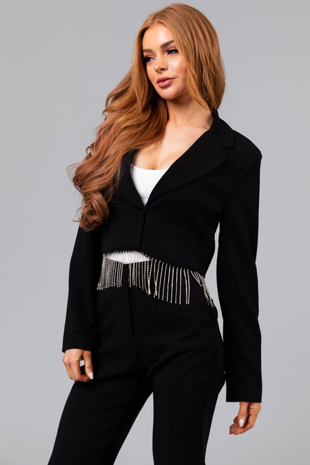 Black Cropped Rhinestone Fringe Blazer