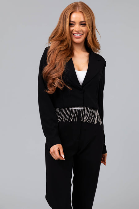 Black Cropped Rhinestone Fringe Blazer