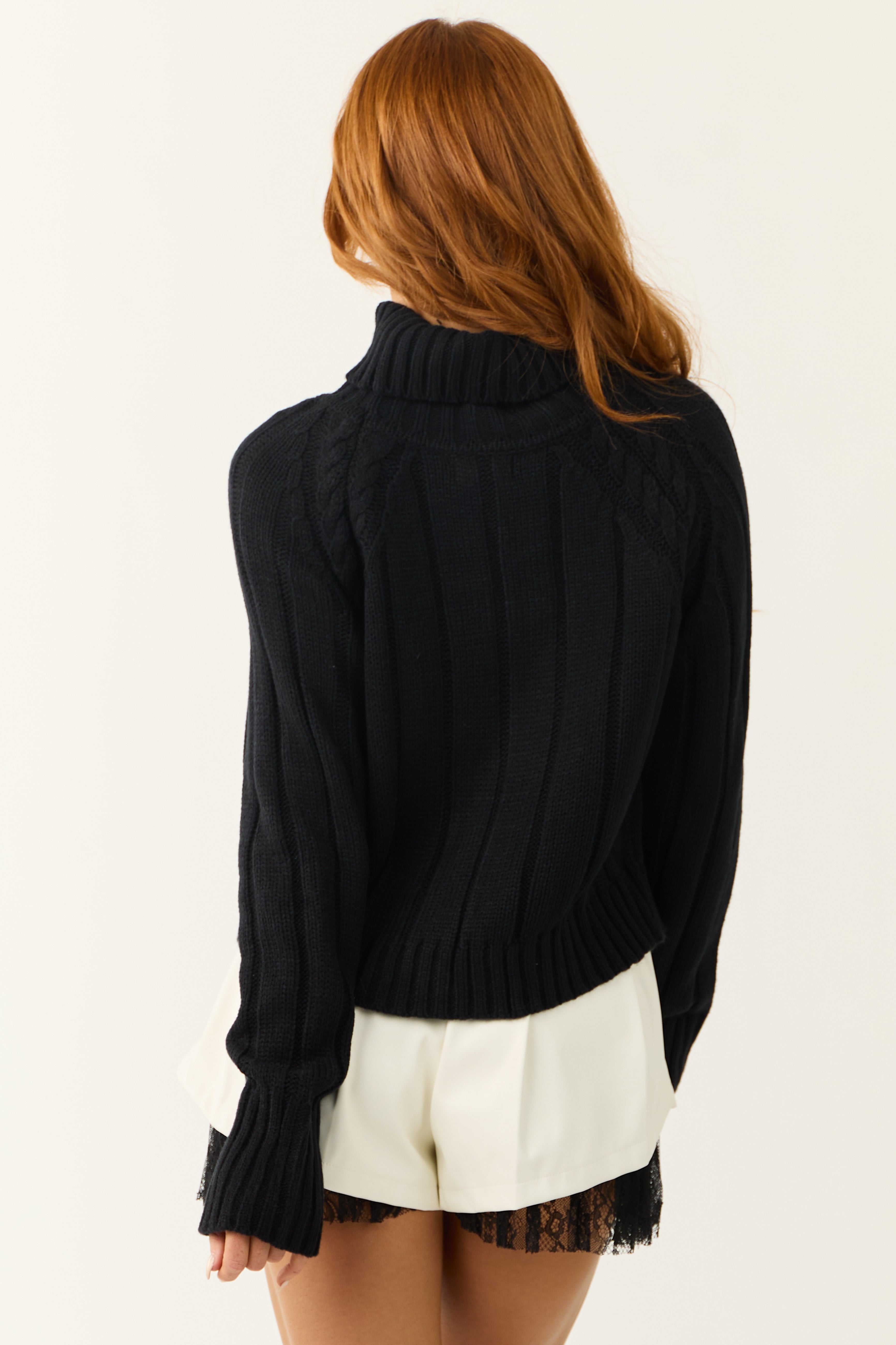 Black Cropped Ribbed Cable Knit Sweater