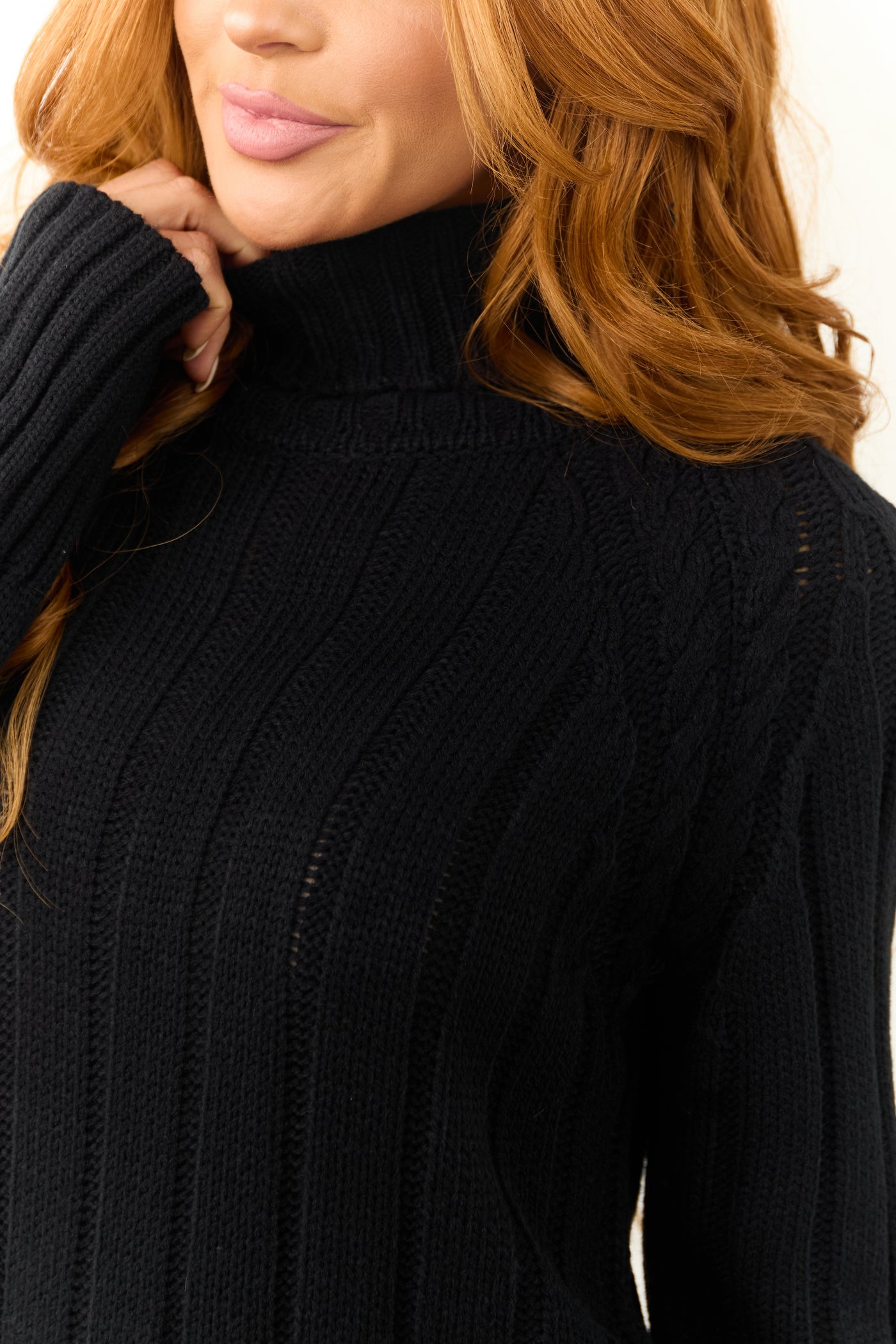 Black Cropped Ribbed Cable Knit Sweater