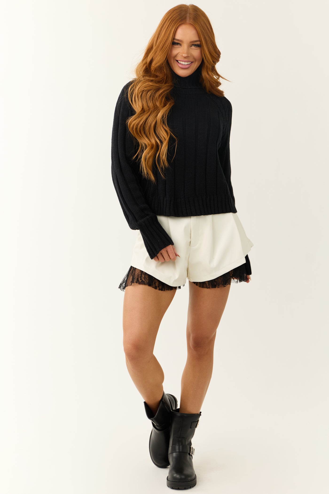 Black Cropped Ribbed Cable Knit Sweater