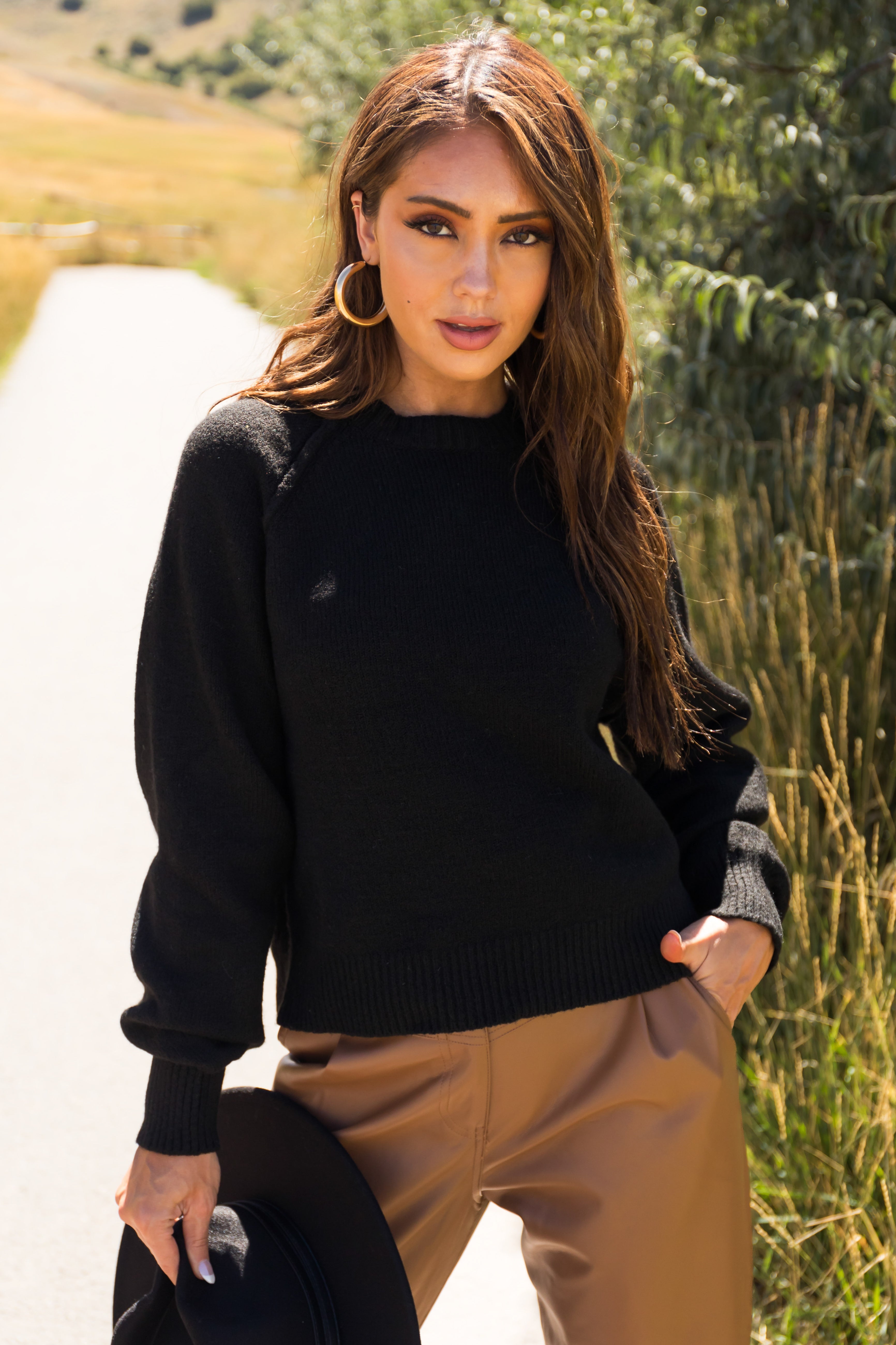 Black Cropped Ribbed Knit Sweater