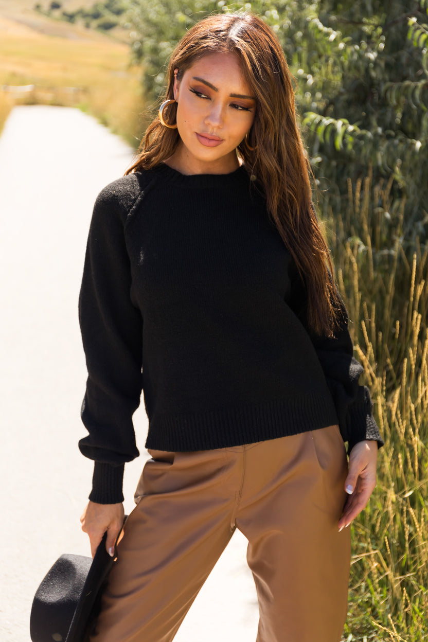 Black Cropped Ribbed Knit Sweater