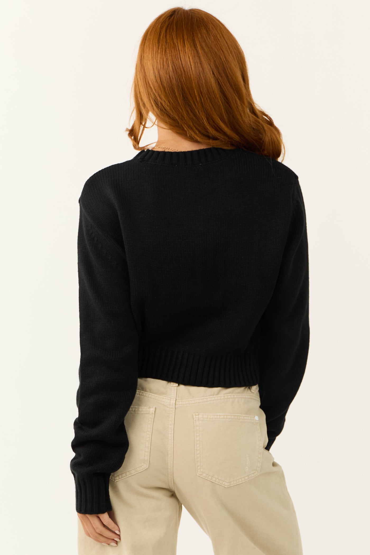 Black Cropped Ribbed Trim Knit Sweater