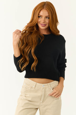 Black Cropped Ribbed Trim Knit Sweater