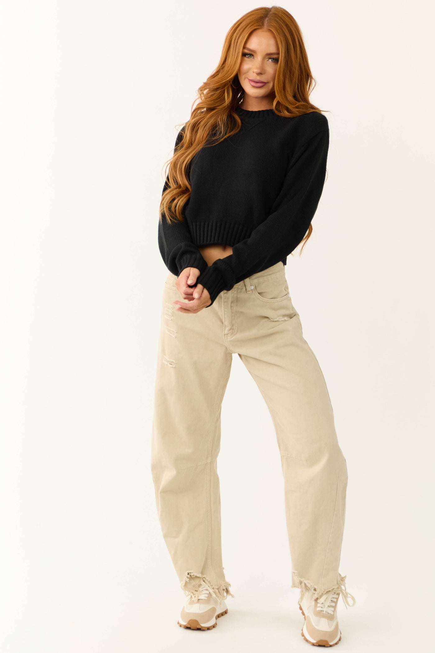 Black Cropped Ribbed Trim Knit Sweater