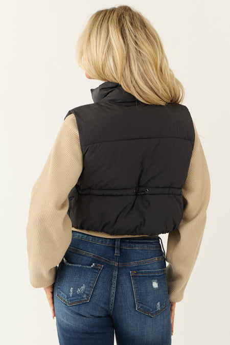 Black Cropped Zip Up Padded Puffer Vest with Tie