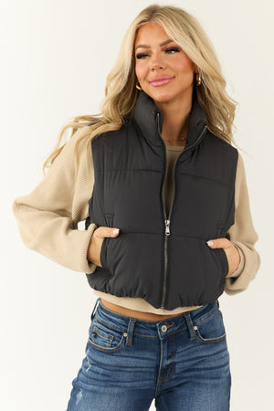 Black Cropped Zip Up Padded Puffer Vest with Tie