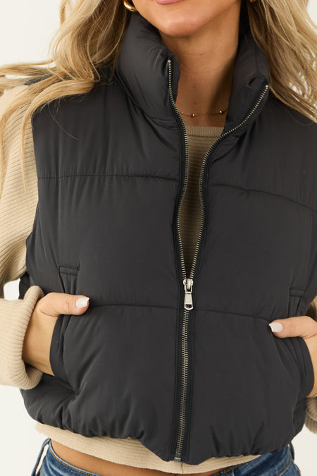 Black Cropped Zip Up Padded Puffer Vest with Tie