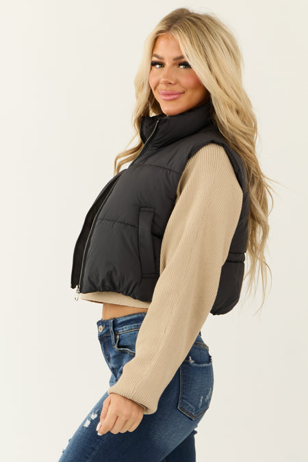 Black Cropped Zip Up Padded Puffer Vest with Tie