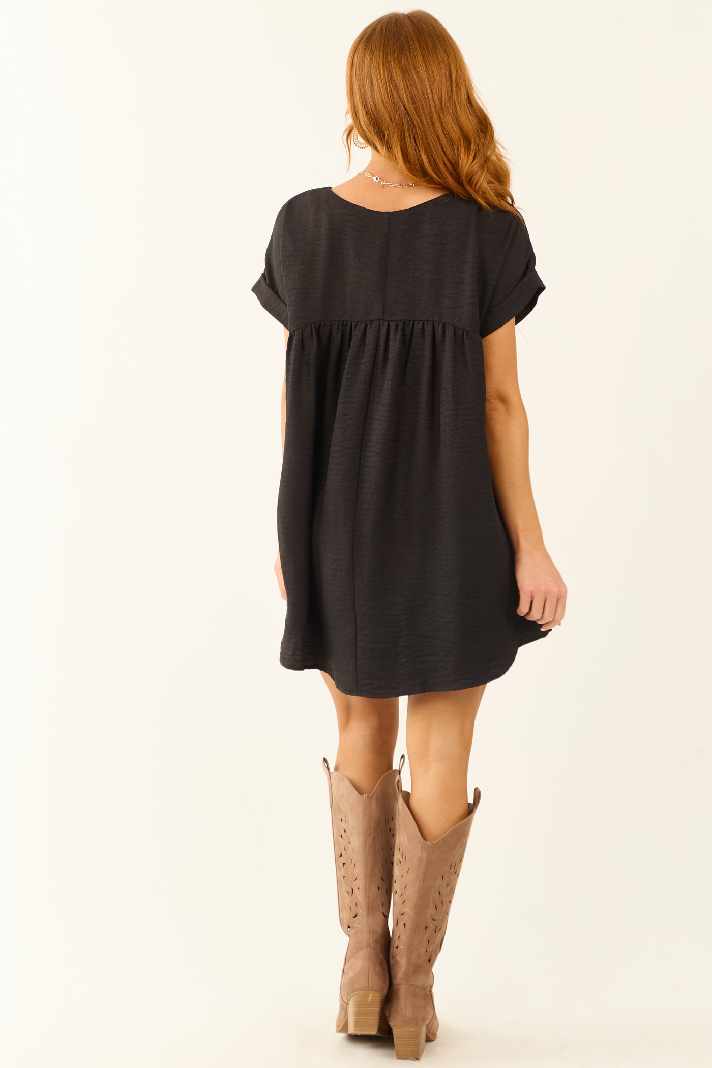 Black Cuffed Short Sleeve Babydoll Mini Dress