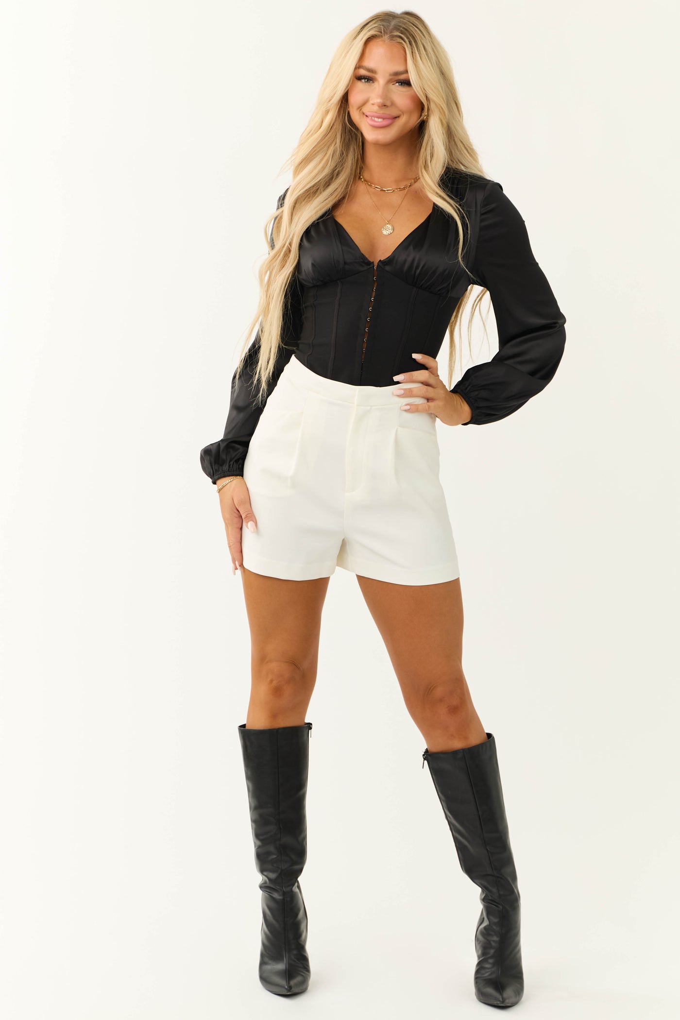 Black Deep V Neck Long Sleeve Corset Waist Blouse