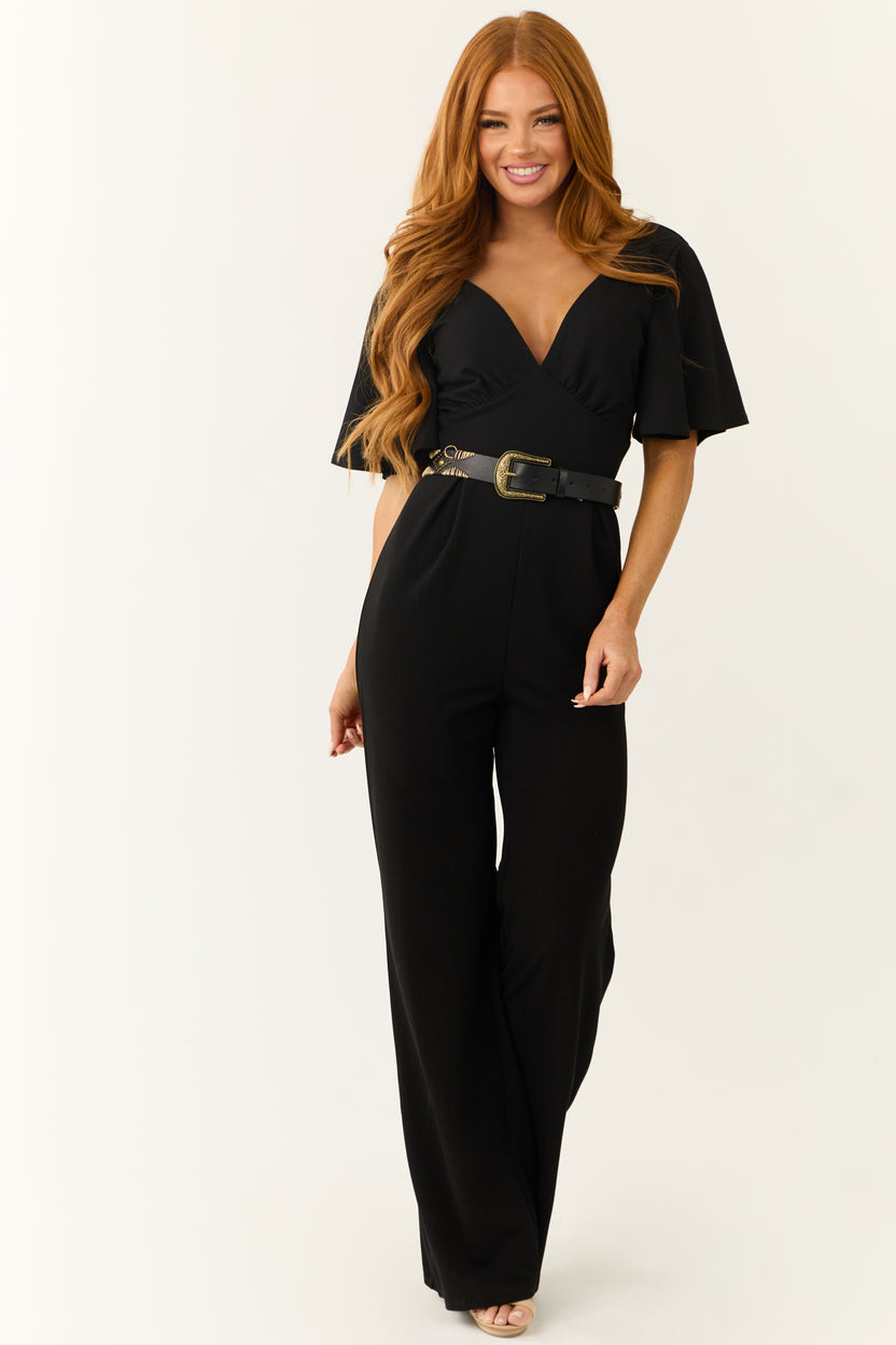 Black Deep V Neck Short Sleeve Jumpsuit