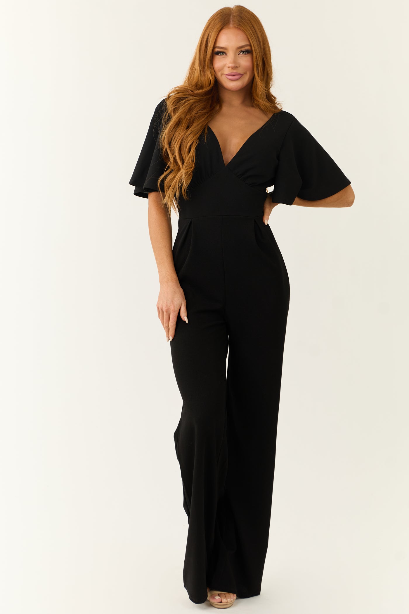 Black Deep V Neck Short Sleeve Jumpsuit