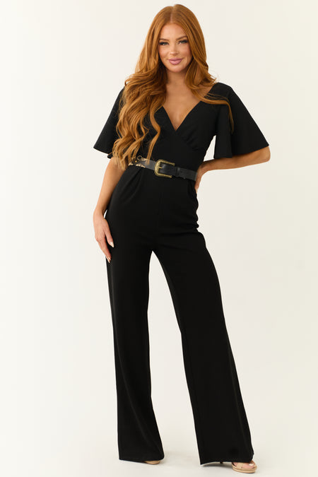 Black Deep V Neck Short Sleeve Jumpsuit