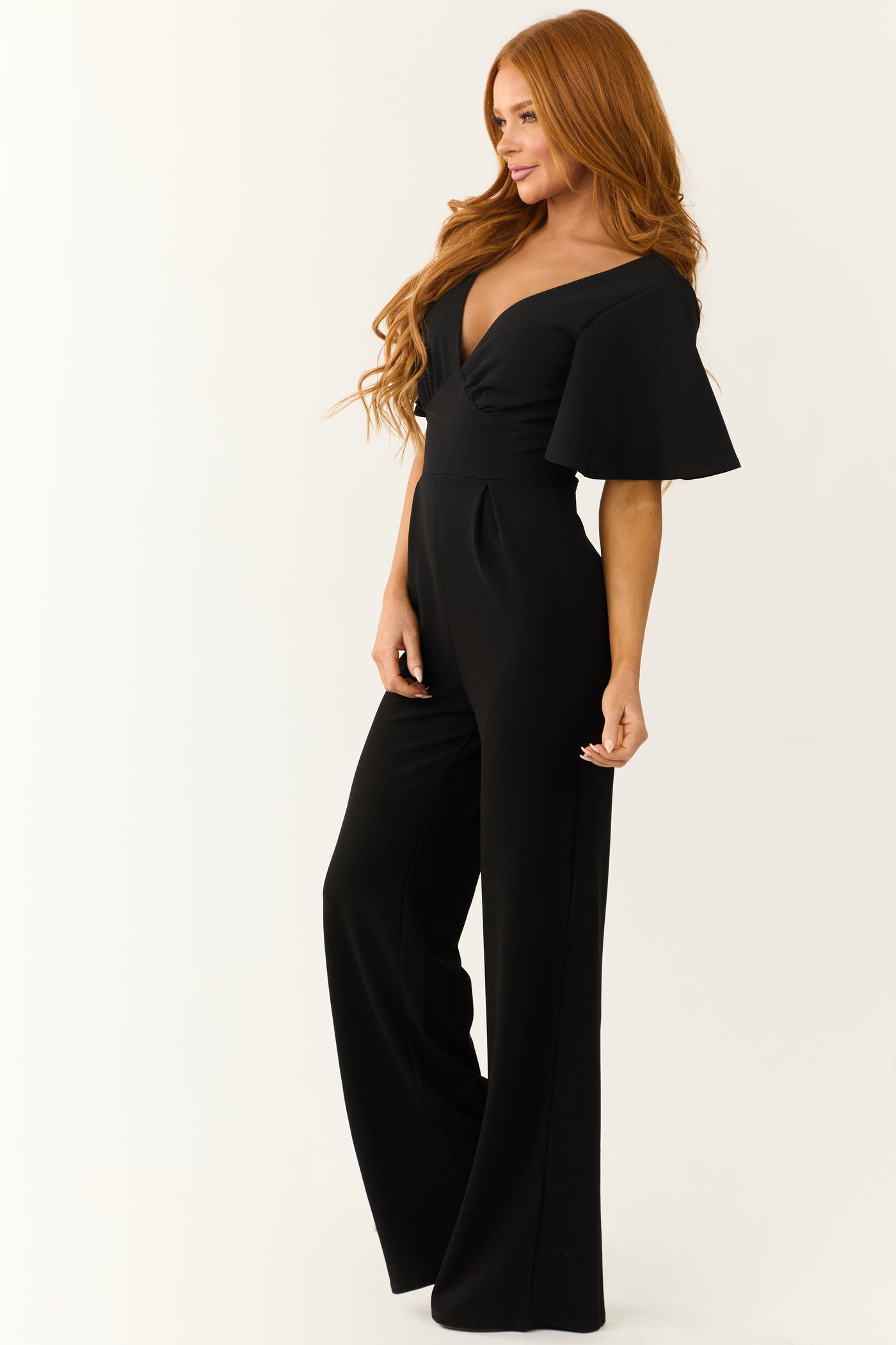 Black Deep V Neck Short Sleeve Jumpsuit