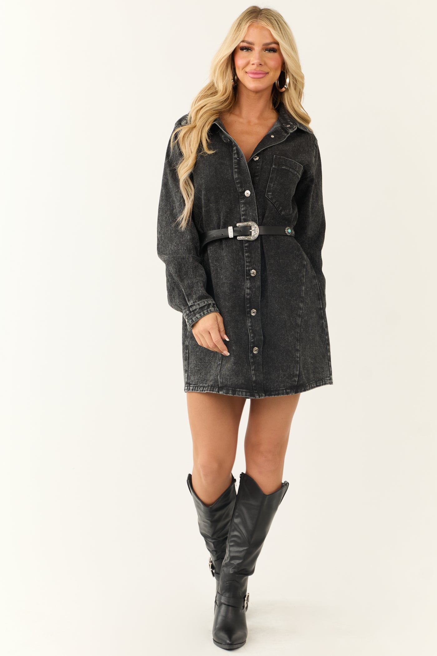 Black Denim Button Down Long Sleeve Mini Dress