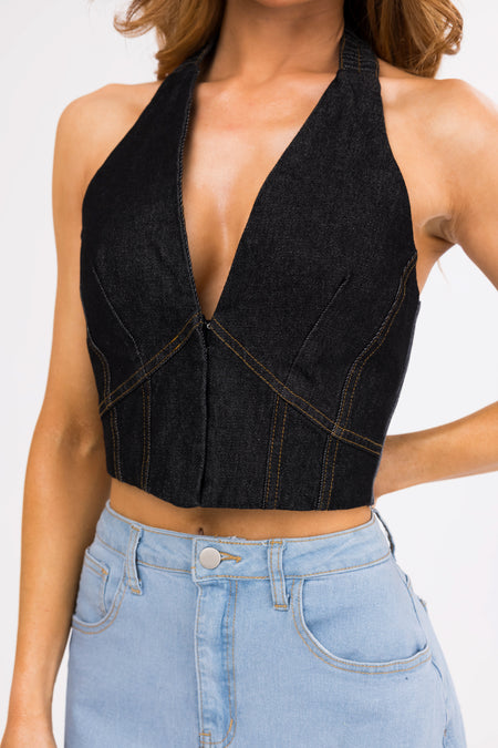 Black Denim Deep V Halter Neck Crop Top