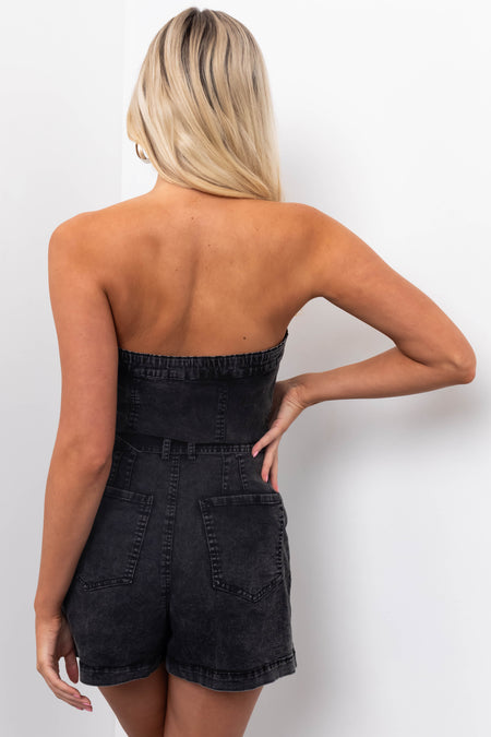 Black Denim Mineral Wash Strapless Romper