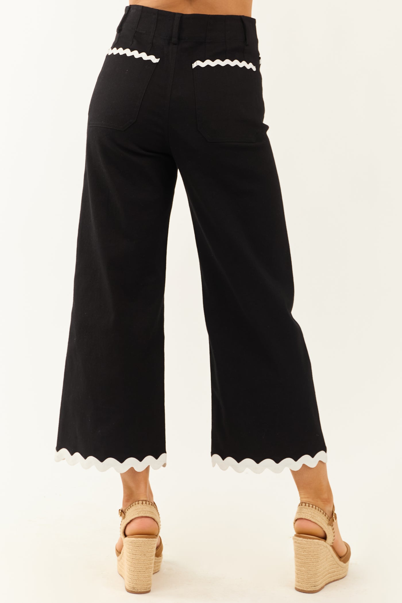 Black Denim Ric Rac Trim Cropped Straight Leg Jeans