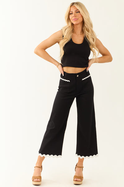 Black Denim Ric Rac Trim Cropped Straight Leg Jeans