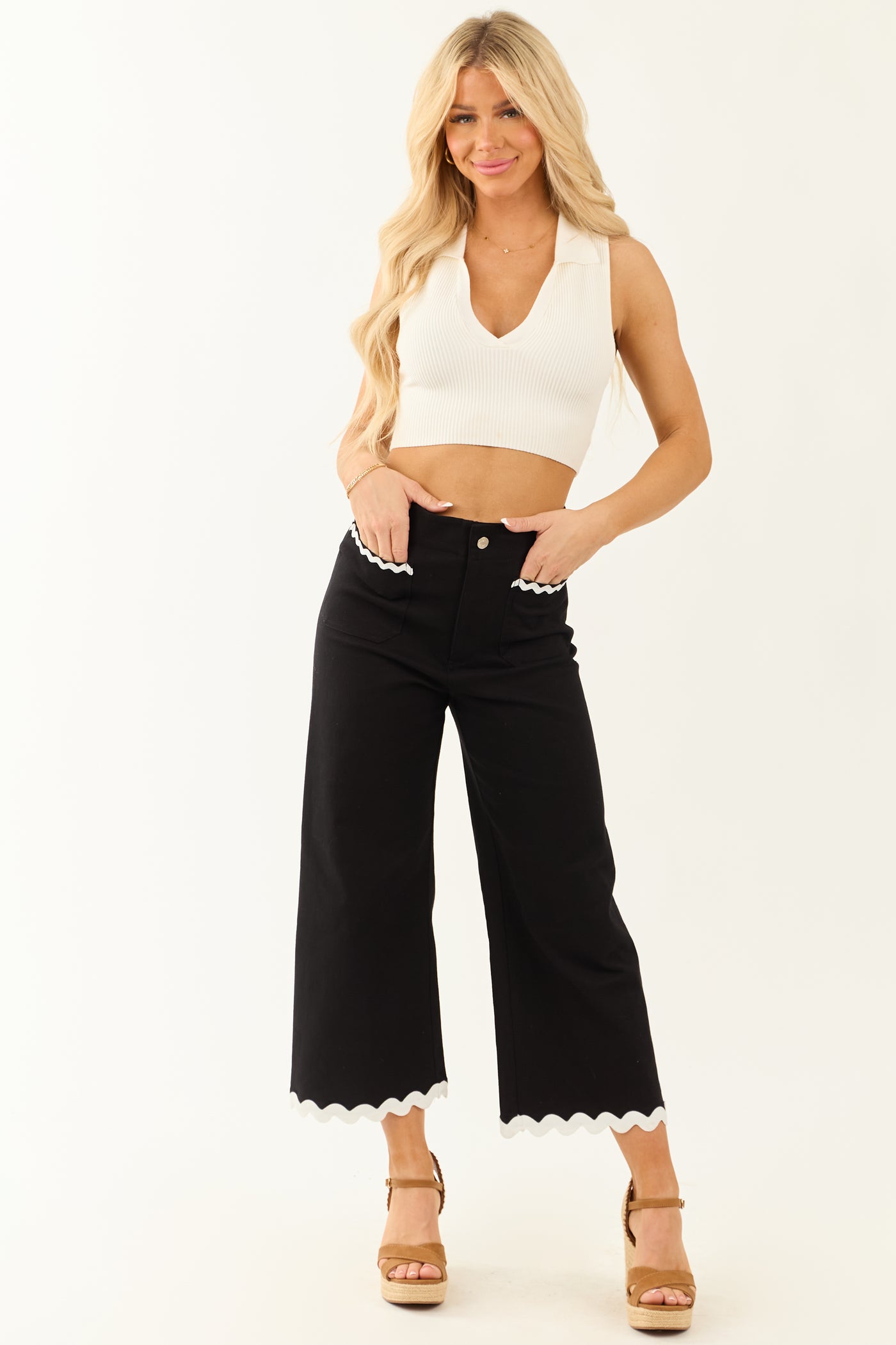 Black Denim Ric Rac Trim Cropped Straight Leg Jeans