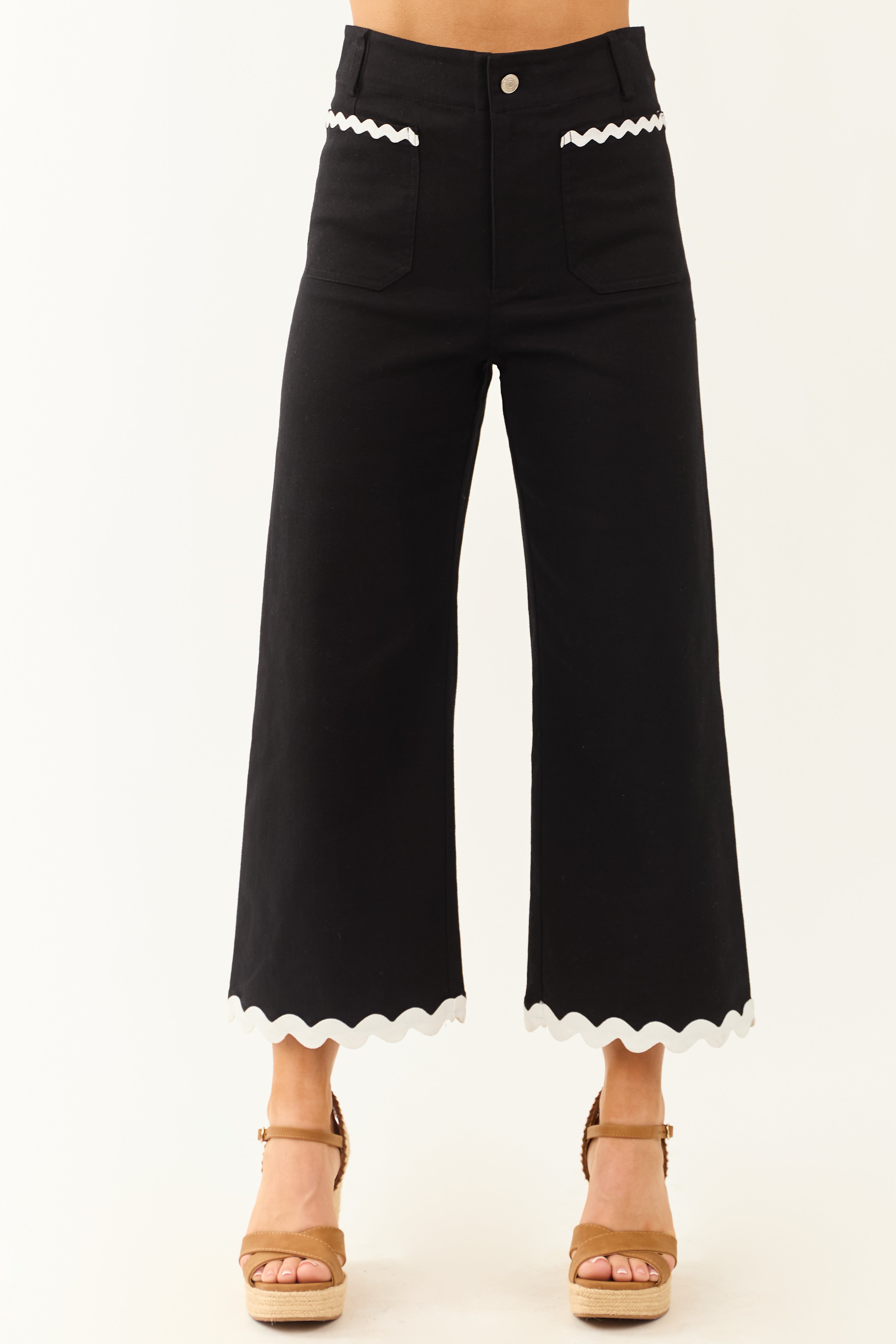 Black Denim Ric Rac Trim Cropped Straight Leg Jeans