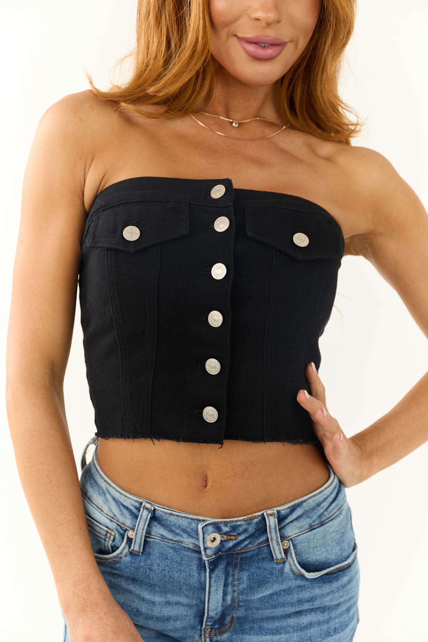 Black Denim Strapless Button Up Corset Top