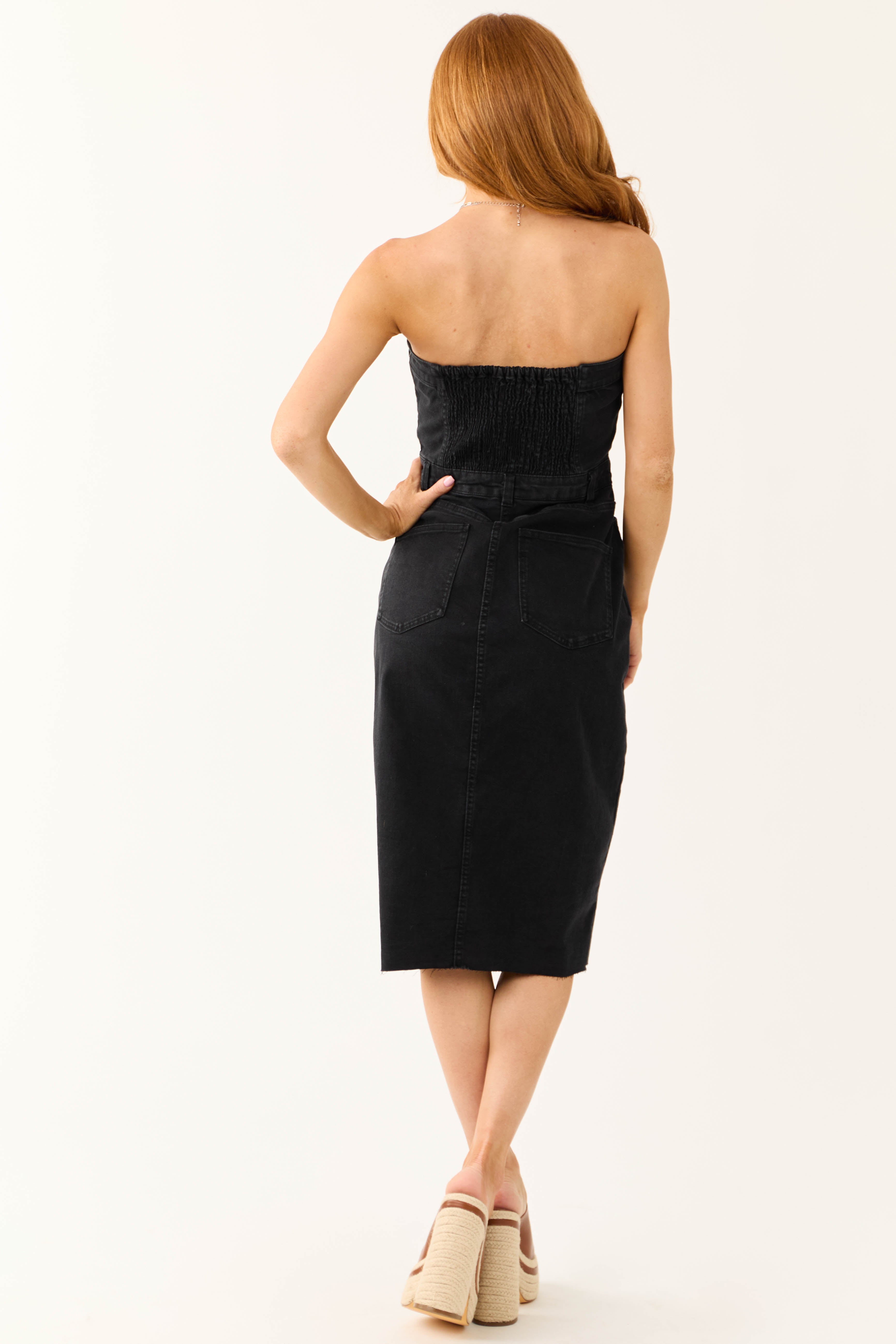 Black Denim Strapless Dress with Slit