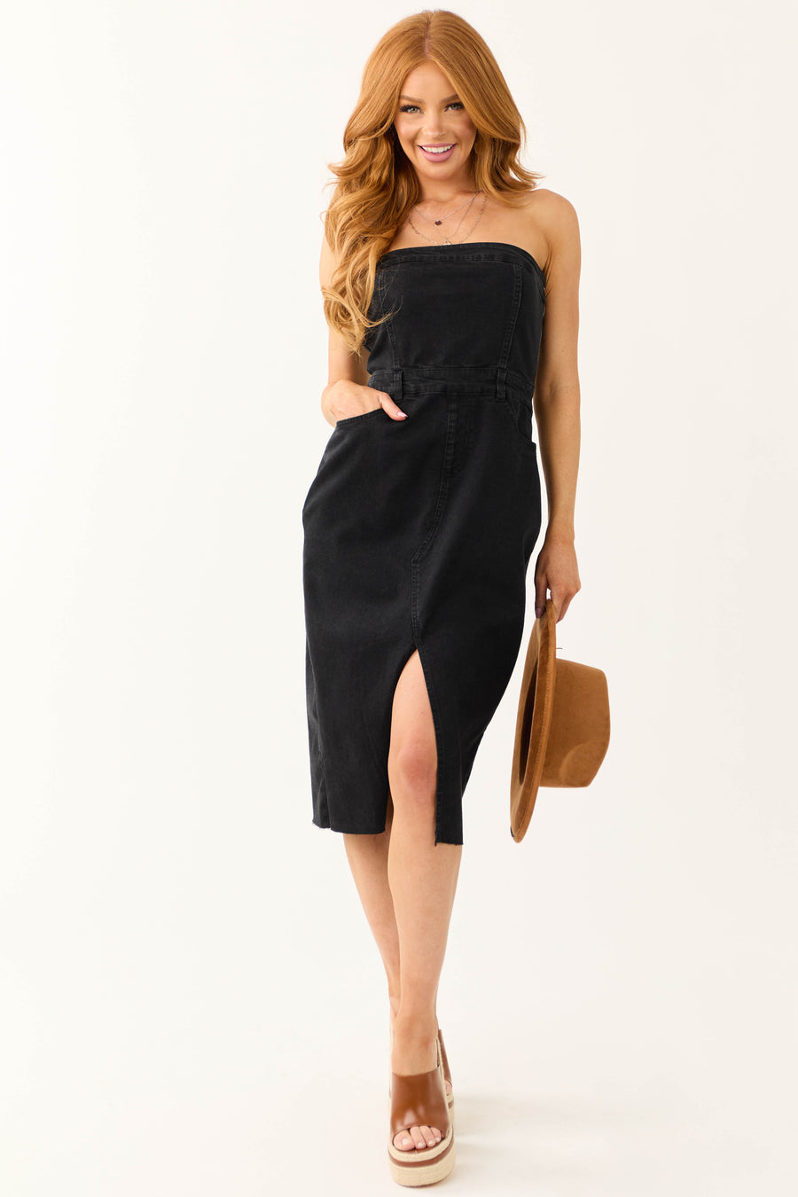 Black Denim Strapless Dress with Slit