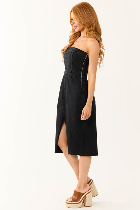 Black Denim Strapless Dress with Slit