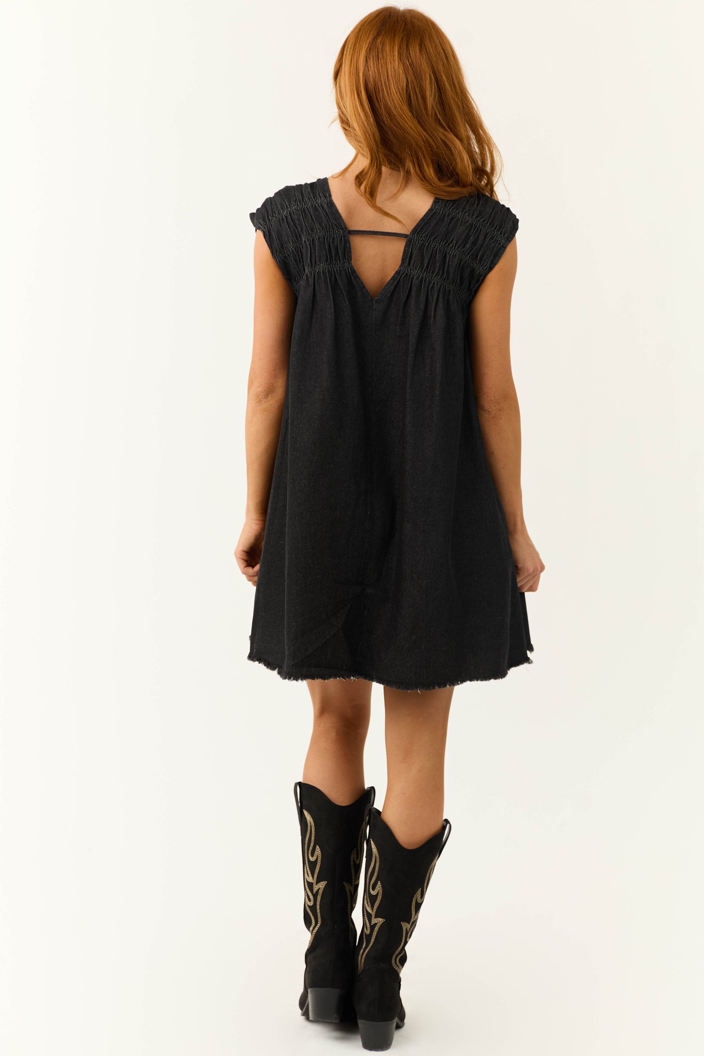 Black Denim V Neck Shift Dress