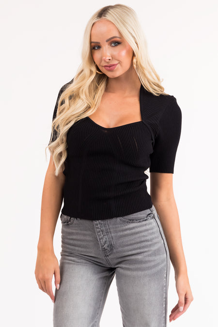 Black Diamond Neckline Stretchy Ribbed Knit Top