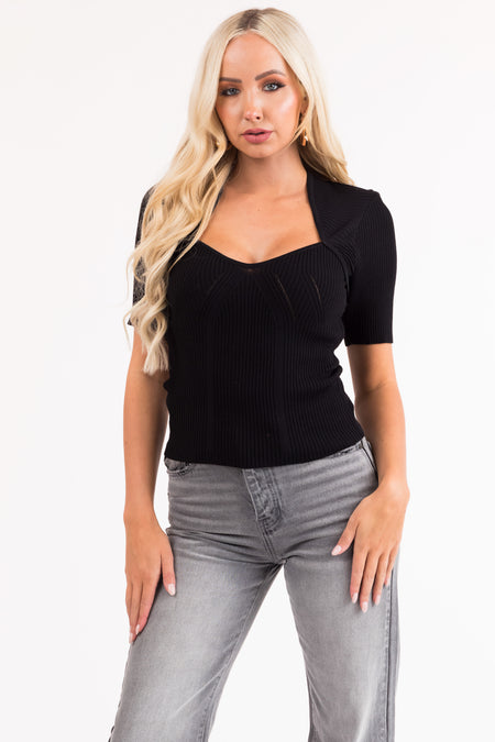 Black Diamond Neckline Stretchy Ribbed Knit Top