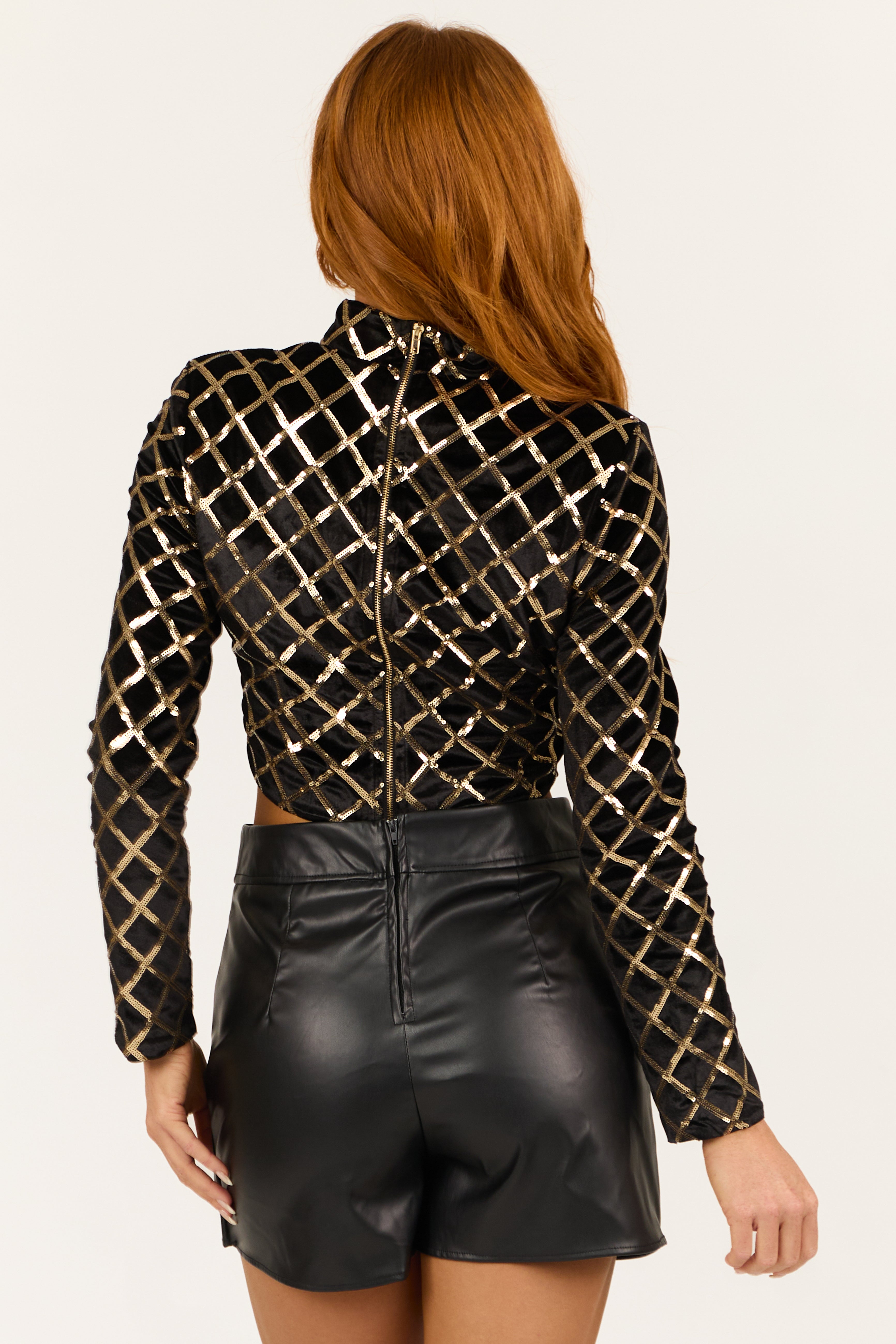 Black Diamond Sequin Mock Neck Velvet Crop Top