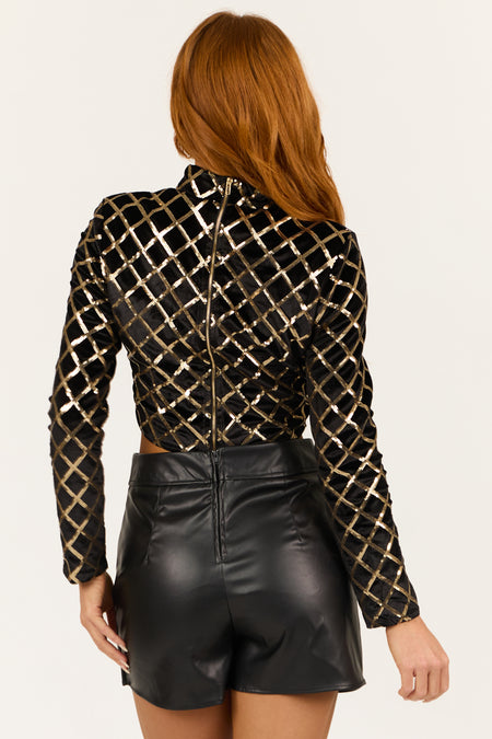 Black Diamond Sequin Mock Neck Velvet Crop Top