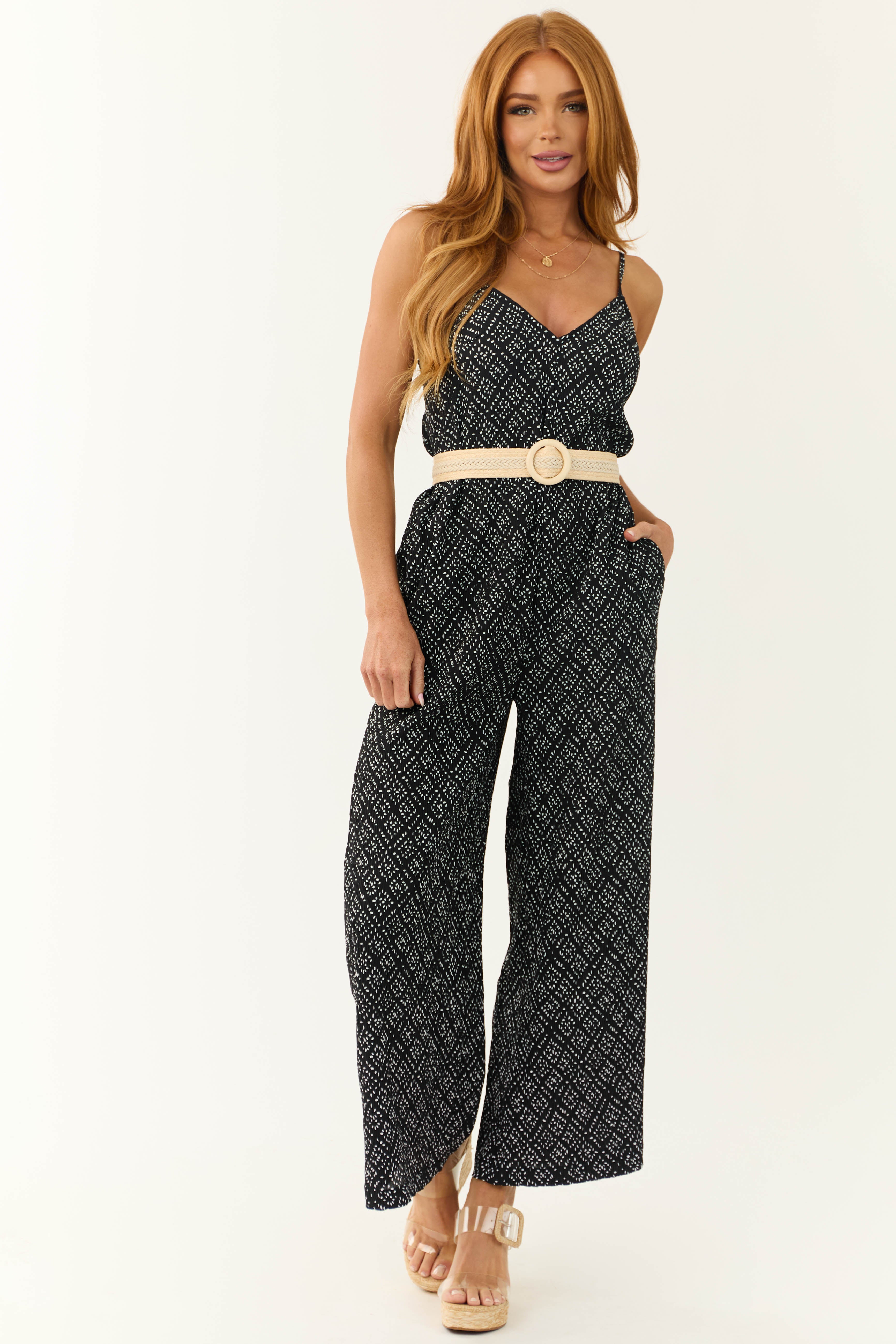 Black Dotted Wide Leg Open Back Jumpsuit