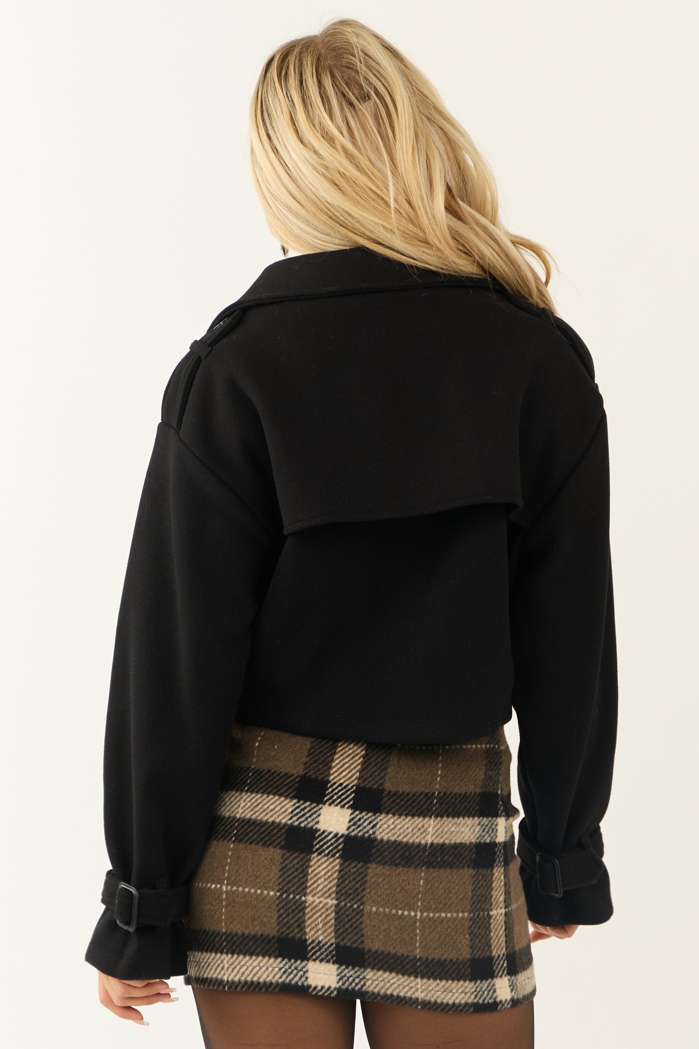 Black Double Breasted Cropped Coat with Collar