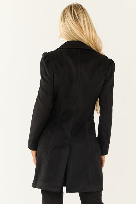 Black Double Button Closure Long Fleece Coat