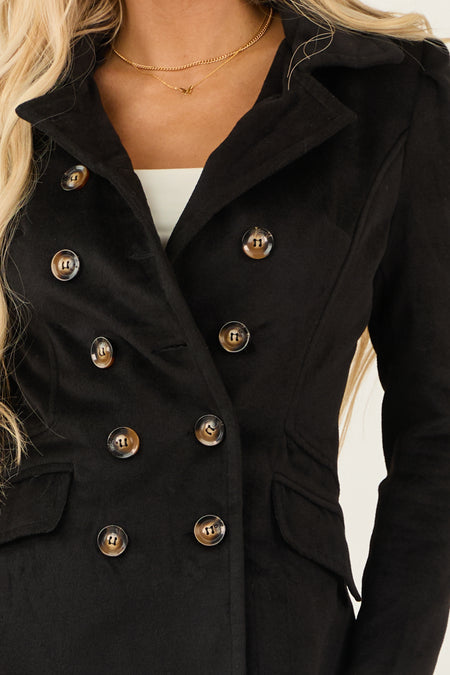 Black Double Button Closure Long Fleece Coat