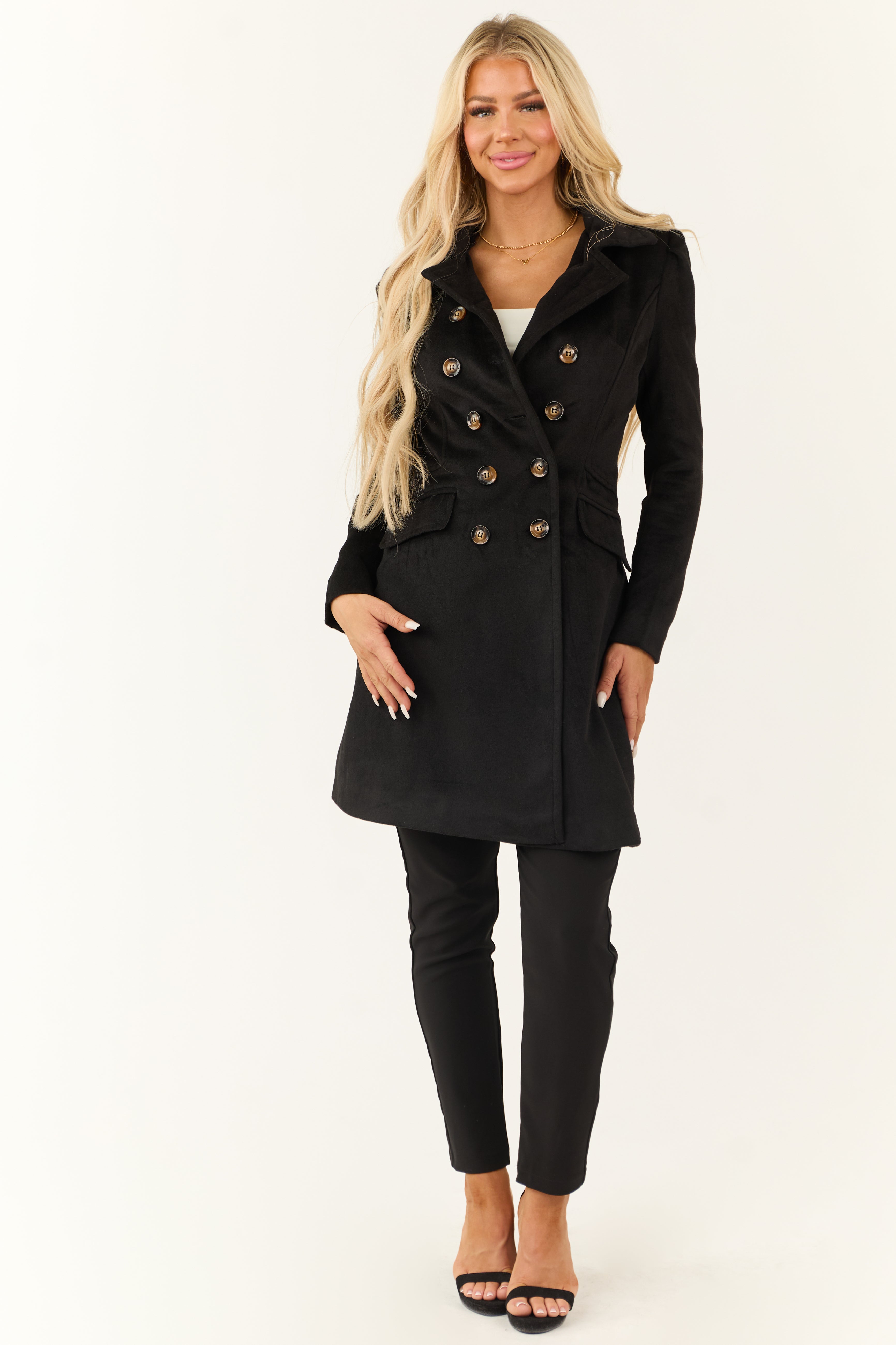 Black Double Button Closure Long Fleece Coat