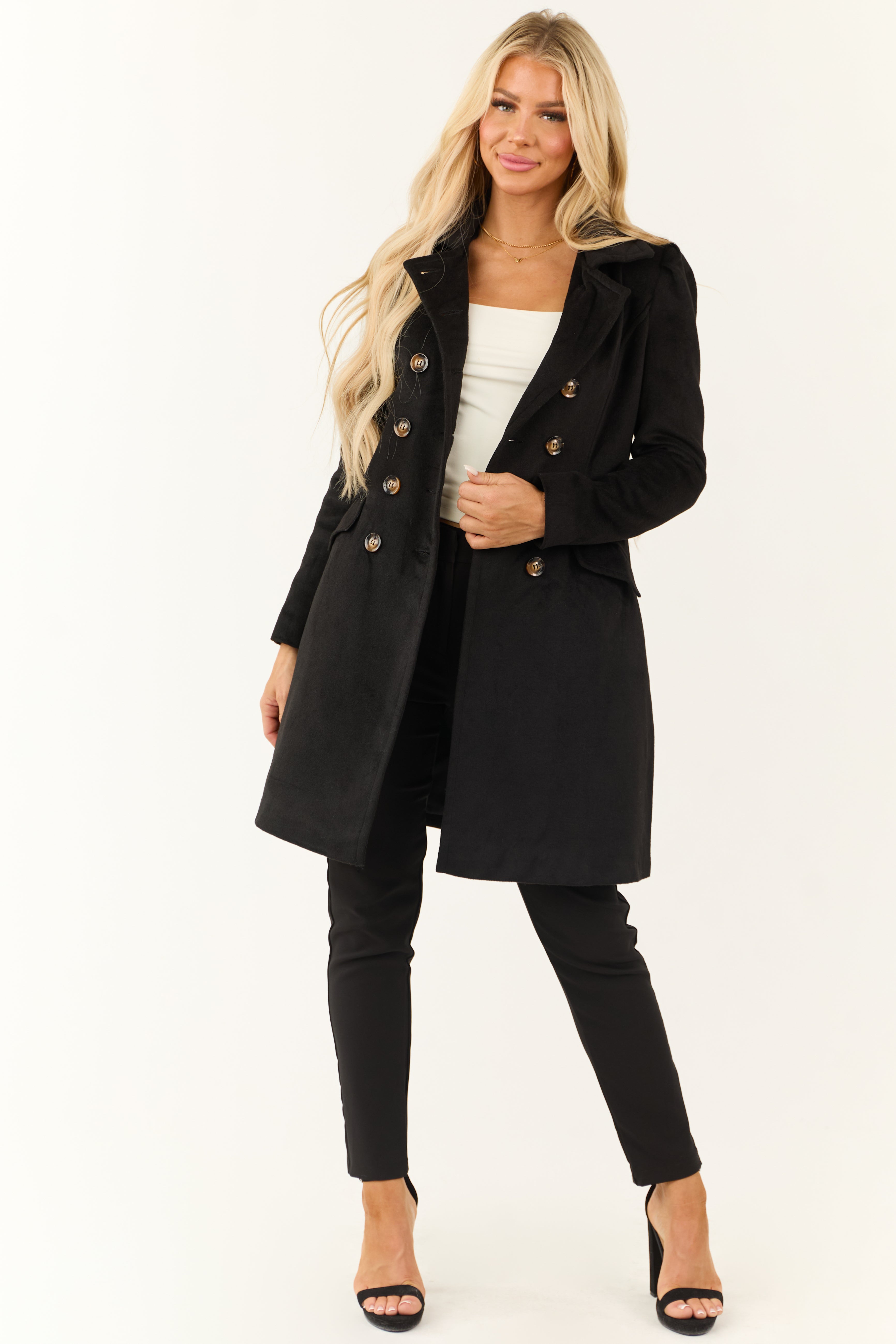 Black Double Button Closure Long Fleece Coat