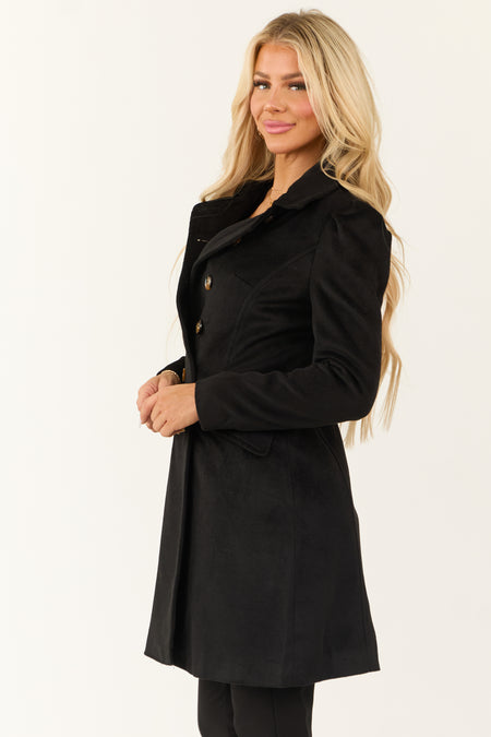 Black Double Button Closure Long Fleece Coat