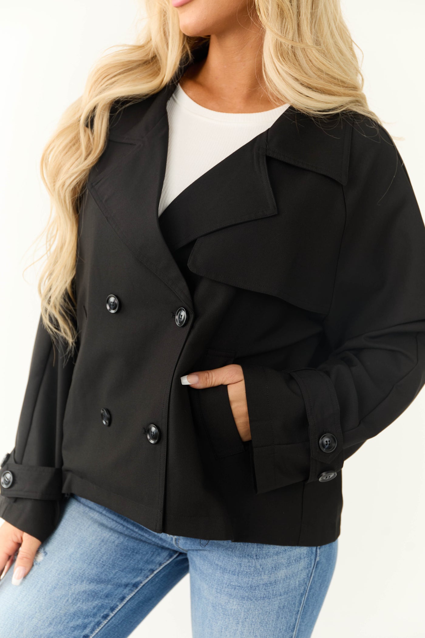 Black Double Button Long Sleeve Collared Jacket