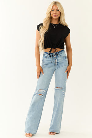 Black Drawstring Hem Cap Sleeve Crop Top