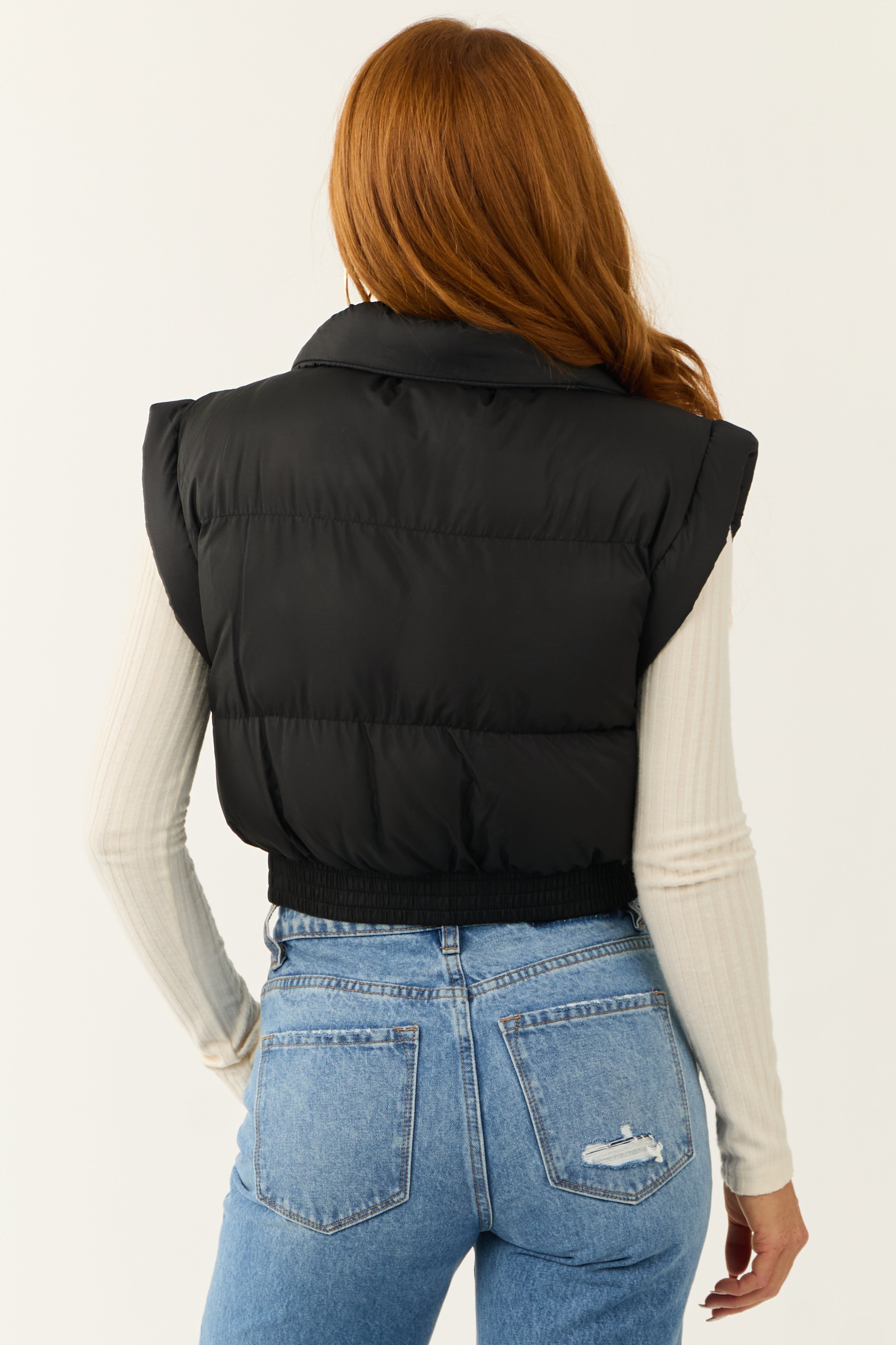 Black Elastic Hem Zip Up Puffer Vest