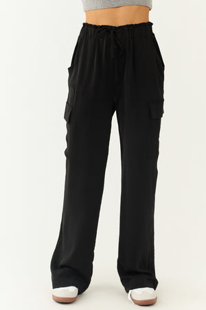 Black Elastic Paperbag Waist Drawstring Cargo Pants