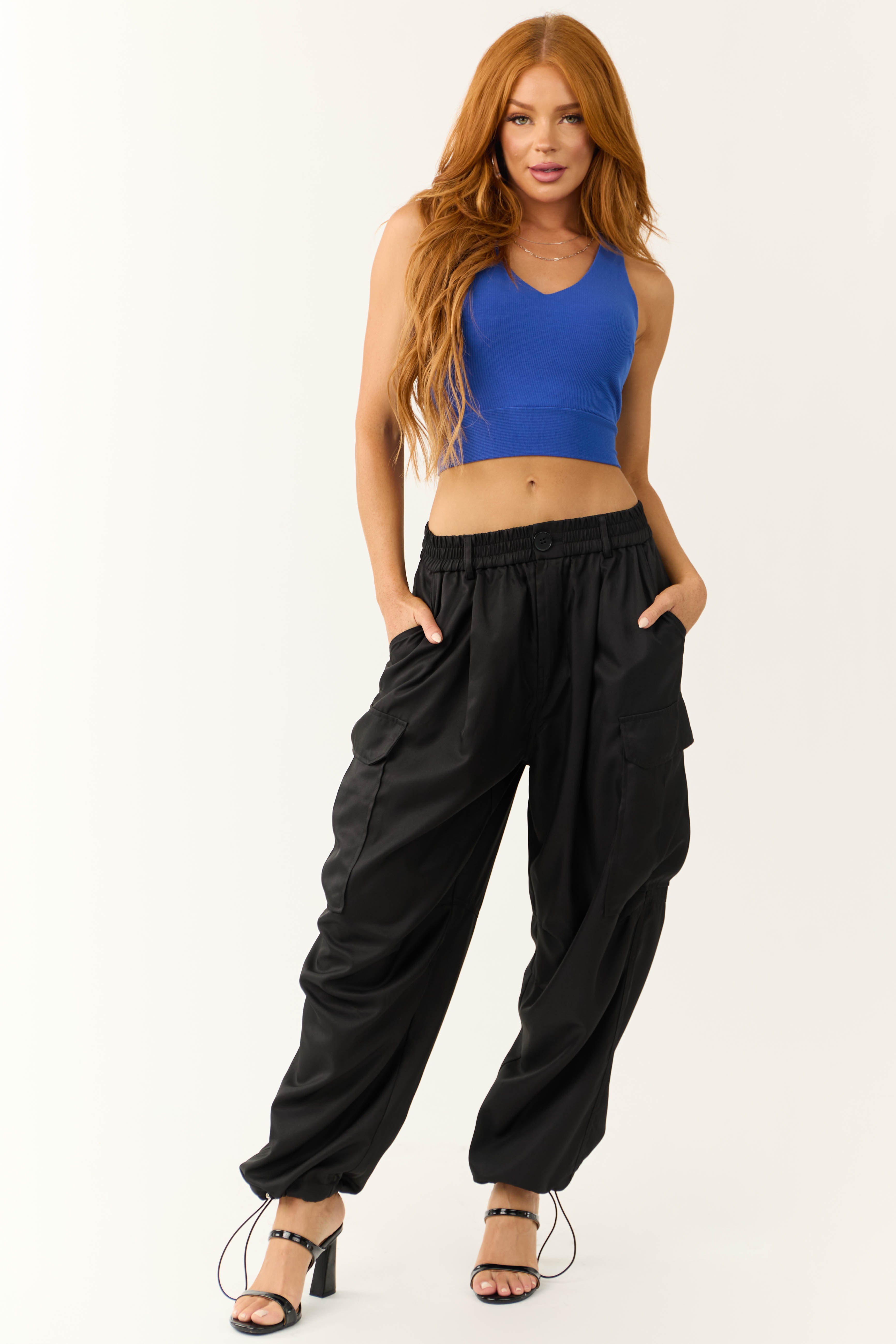 Black Elastic Waist Cargo Pants