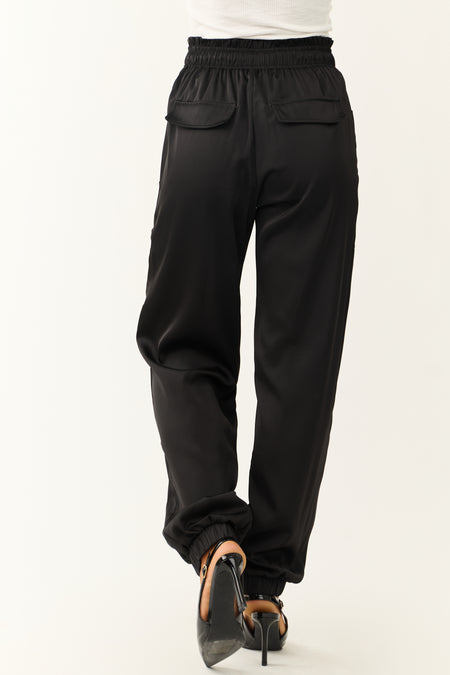 Black Elastic Waist Satin Joggers